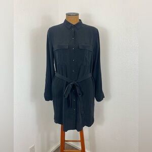Grana Silk Shirt Dress Black M Belted Silver Circular Buttons Knee Length EUC